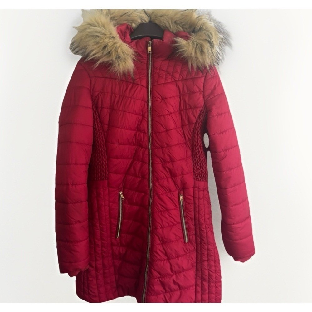 Red Puffer Jacket Women's Size Small Removable Faux Fur‎ Hood, Quilted